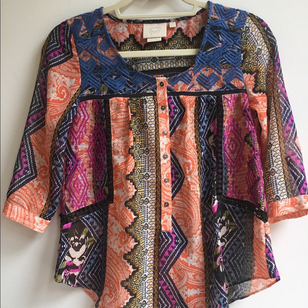 Anthropologie Orange Top with Navy Embroidery